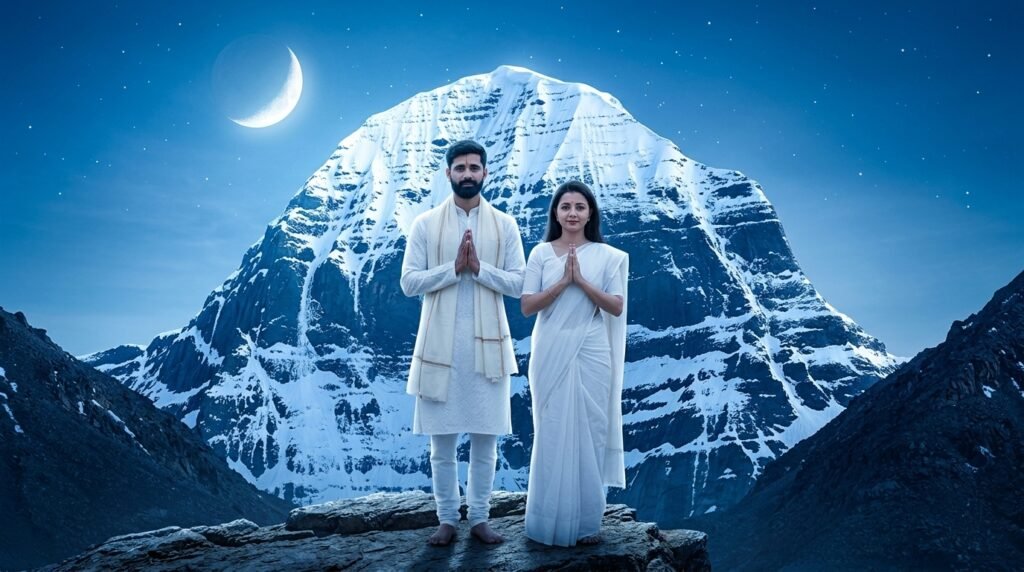 Indian couple in white devotional attire before a stylized snow-covered Kailash mountain backdrop