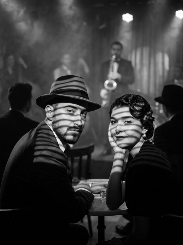 Couple in a dim jazz bar with dramatic film noir lighting