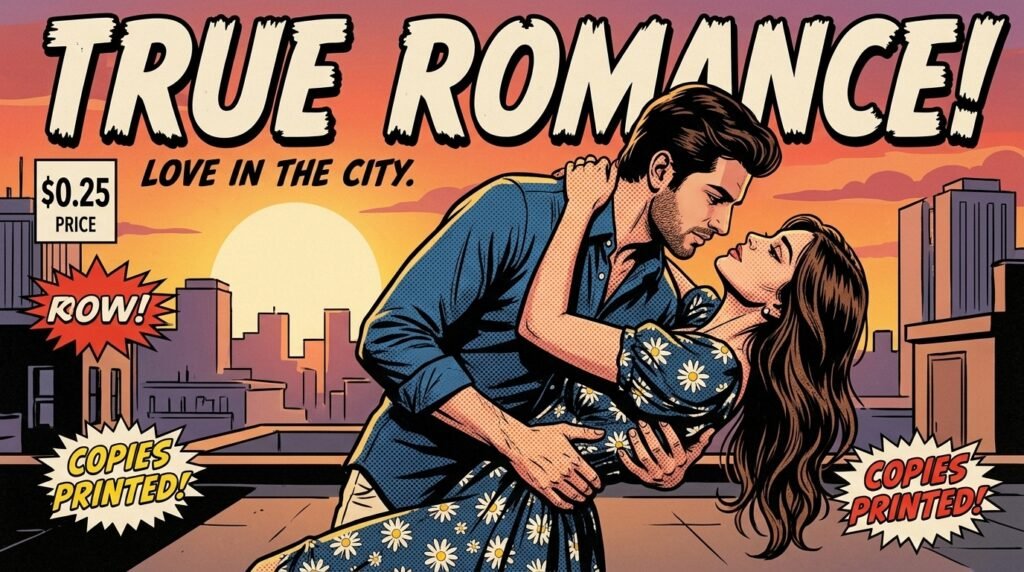 Couple posed on a vintage romance comic cover with bold halftone artwork