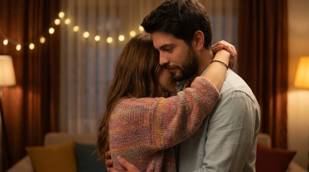 Couple holding each other closely during a slow dance
