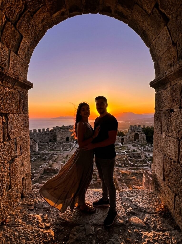 Couple silhouetted inside a fort archway at sunset