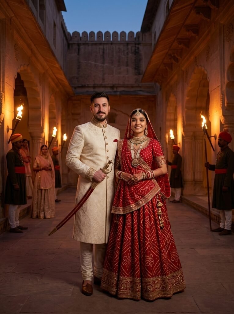 Bride and groom in Rajputana wedding attire standing in a fort courtyard