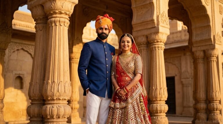 Indian couple in traditional Rajasthani clothing standing in a palace courtyard at golden hour
