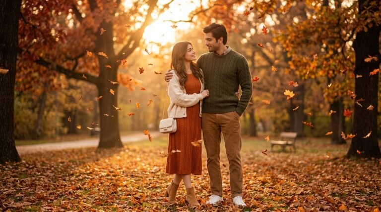 Couple standing together in an autumn park during warm golden-hour light