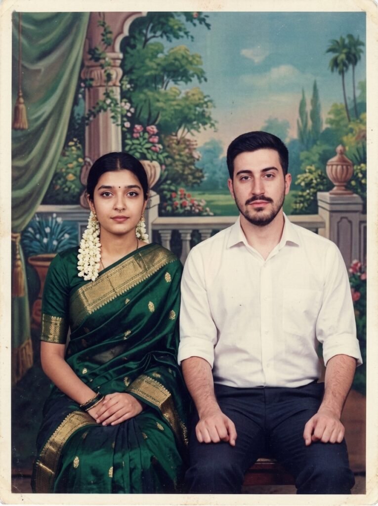 Indian couple posing before a painted garden backdrop in a 1970s photo studio