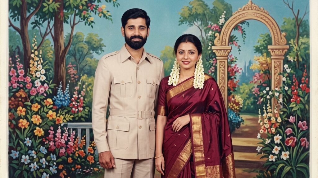 Indian couple posing in vintage 1970s attire before a painted studio garden backdrop