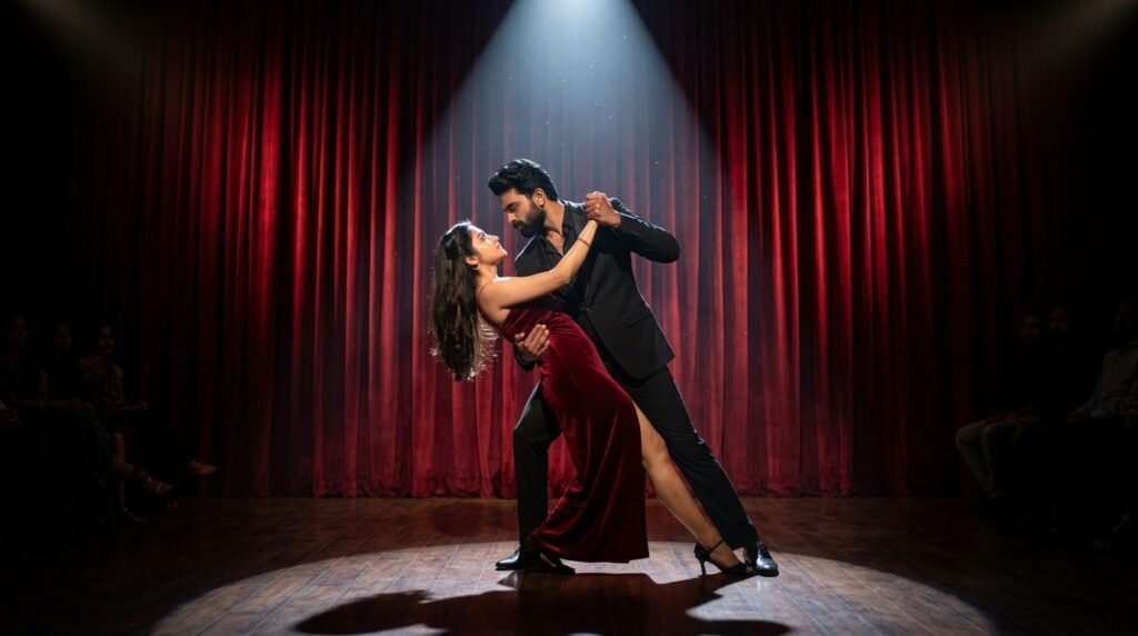 Elegant romantic couple holding a dramatic tango pose on a spotlit stage