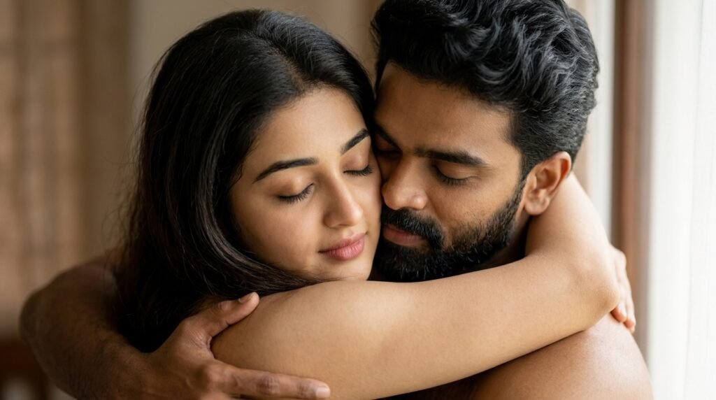 Romantic couple sharing a close emotional hug beside soft window light