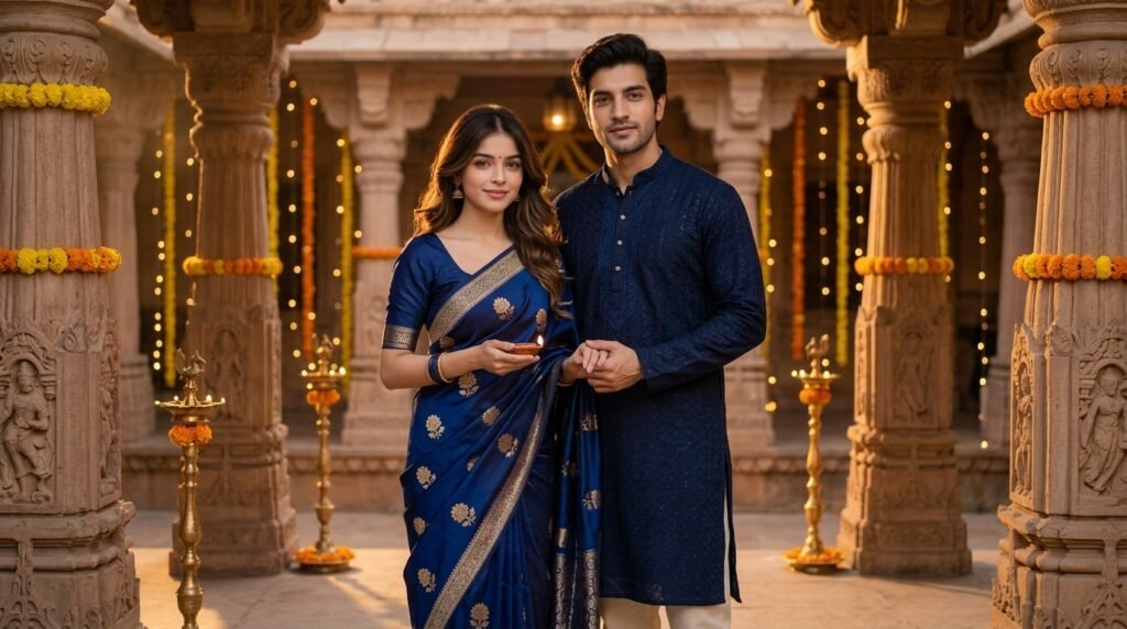 Indian couple wearing traditional outfits in a marigold-decorated temple courtyard at evening