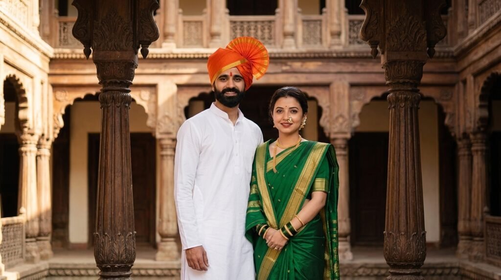 Maharashtrian couple in traditional attire standing in a historic wada courtyard