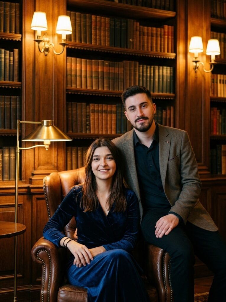 Couple posing in a wood-panelled vintage library under warm lamp light