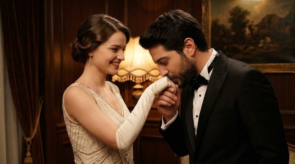 Man kissing his partner's hand in a warm vintage-style portrait