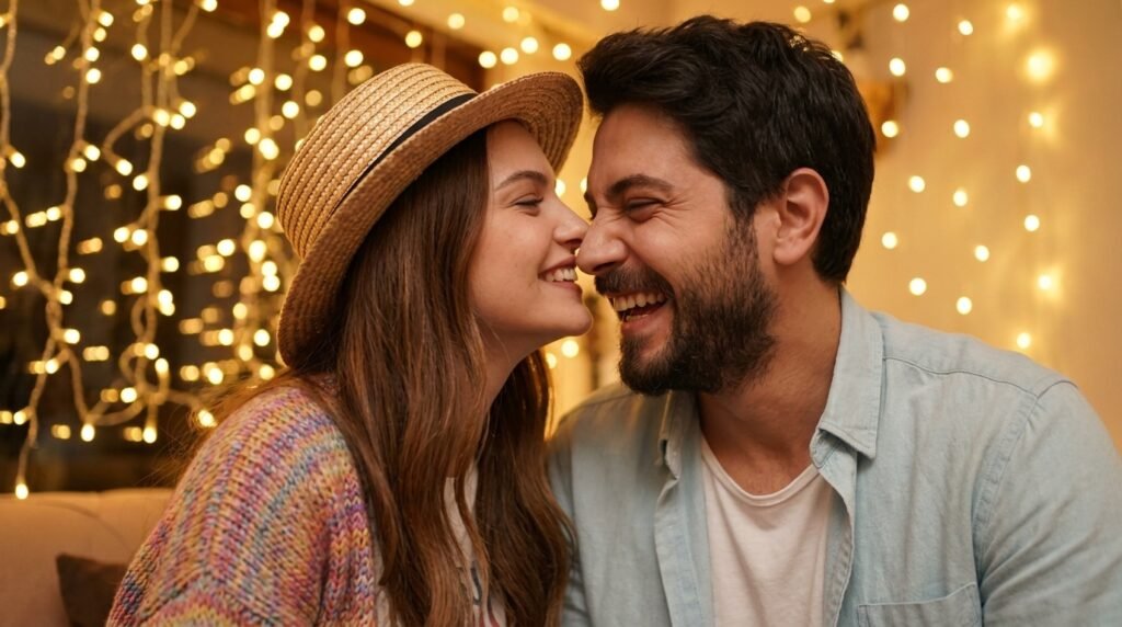 Woman kissing her partner's nose while they laugh under fairy lights