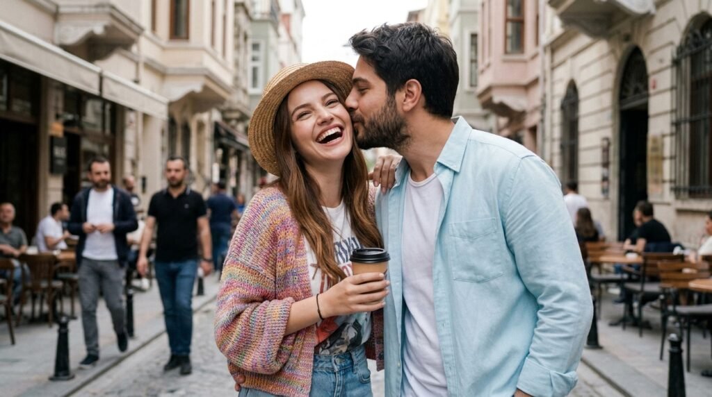 Man kissing his laughing partner on the cheek on a city street