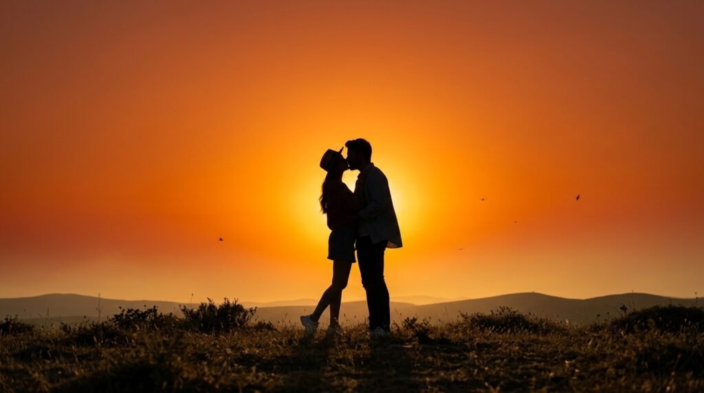 Couple kissing in silhouette on a hilltop against an orange sunset sky