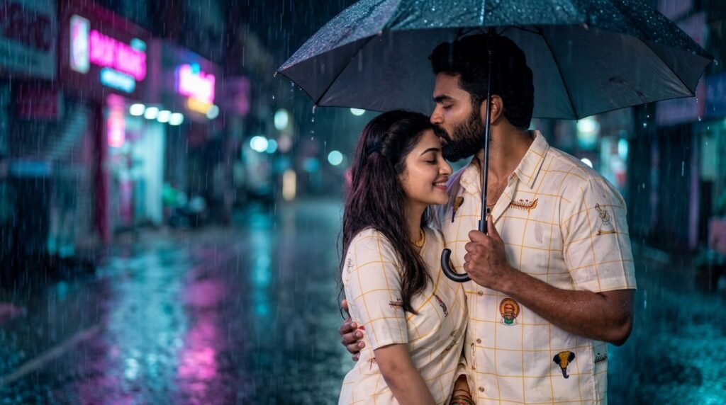 Romantic couple sharing a forehead kiss under an umbrella on a rainy neon-lit street