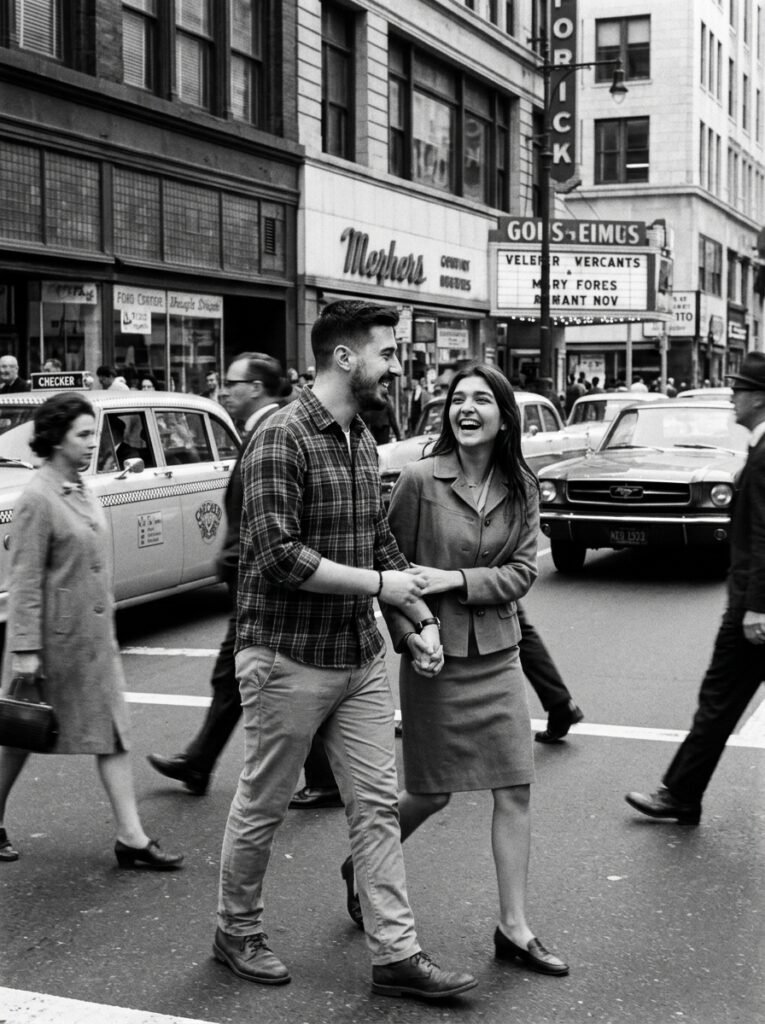 Couple laughing while crossing a busy 1960s city street in black and white