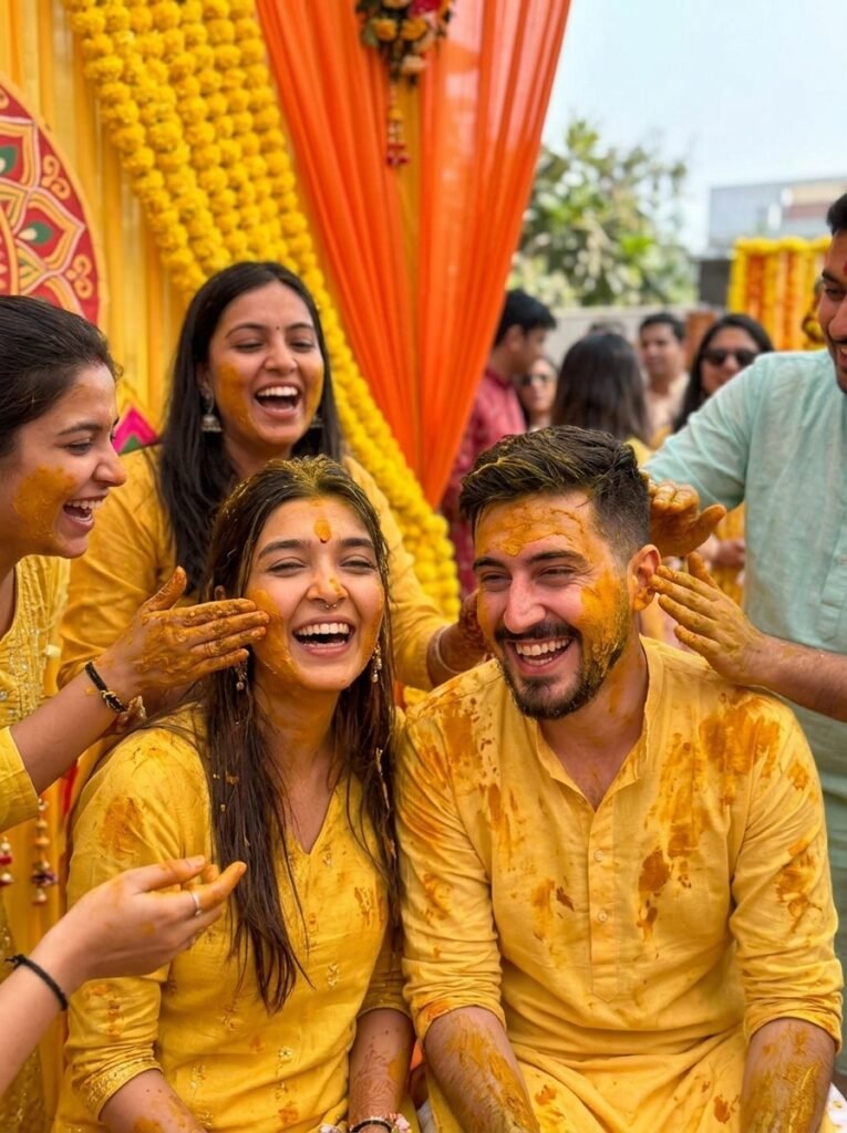 Couple laughing as friends apply turmeric during a haldi celebration