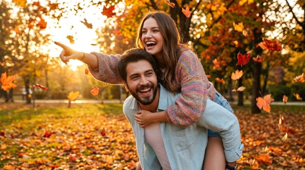 Laughing couple in a piggyback pose in an autumn park