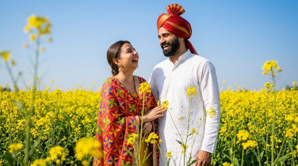 Punjabi couple laughing together in a blooming mustard field during daylight