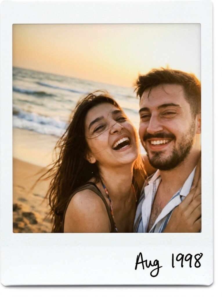 Couple laughing on a beach at sunset inside a faded Polaroid frame