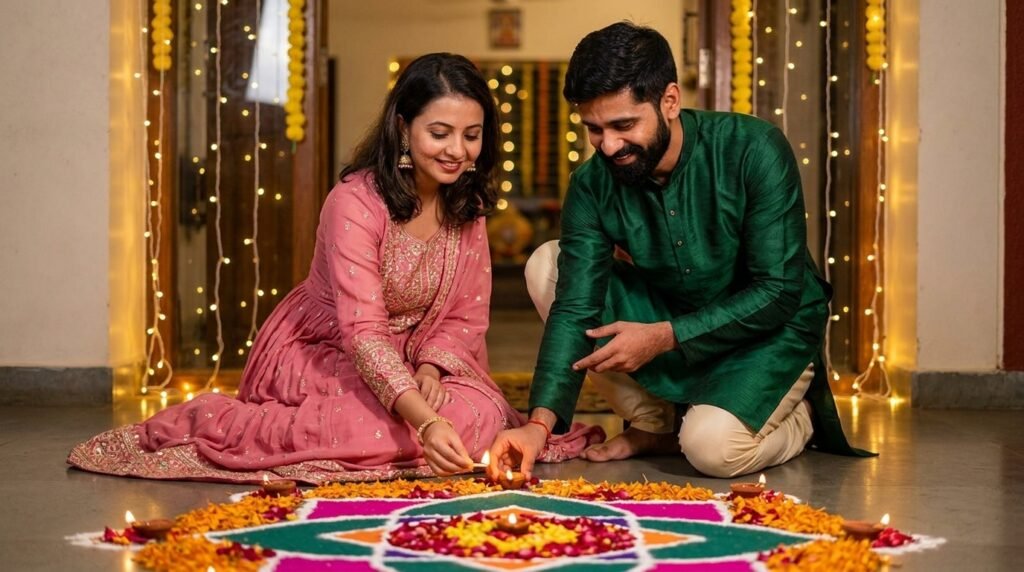 Indian couple lighting diyas together beside a colorful rangoli during Diwali