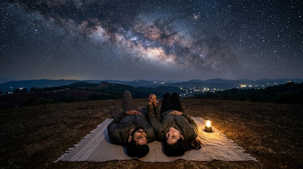 Romantic couple lying on a hilltop blanket under a starry night sky