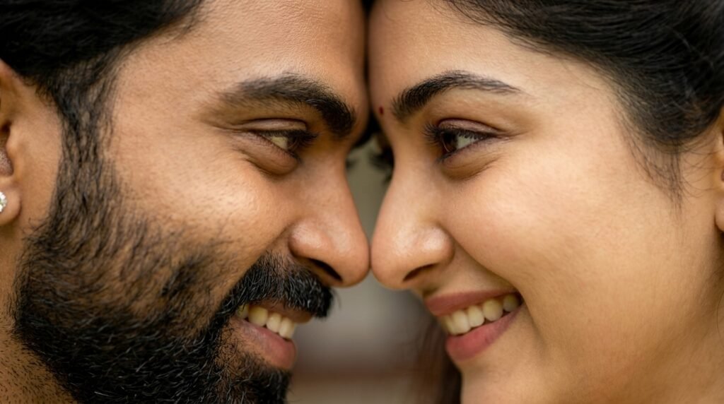 Smiling romantic couple in a warm nose-to-nose close-up portrait