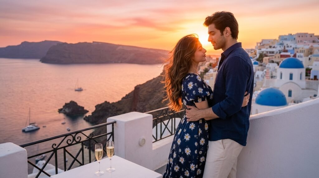 Couple standing on a Santorini balcony at sunset with white walls and blue domes behind them
