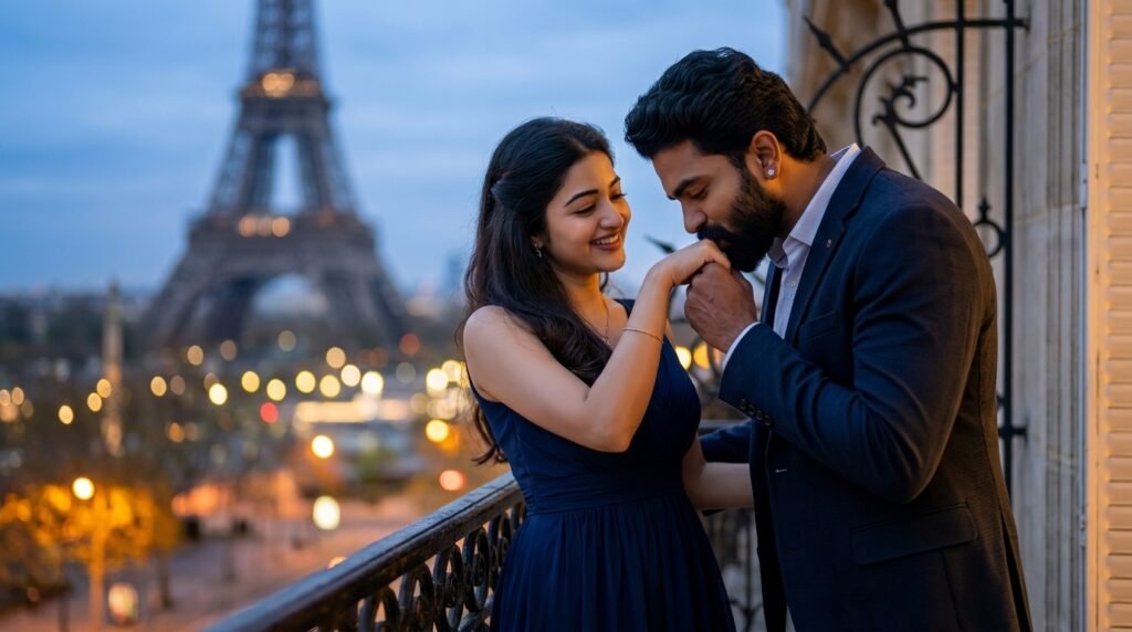 Elegant romantic couple on a Paris balcony at dusk with the Eiffel Tower blurred behind