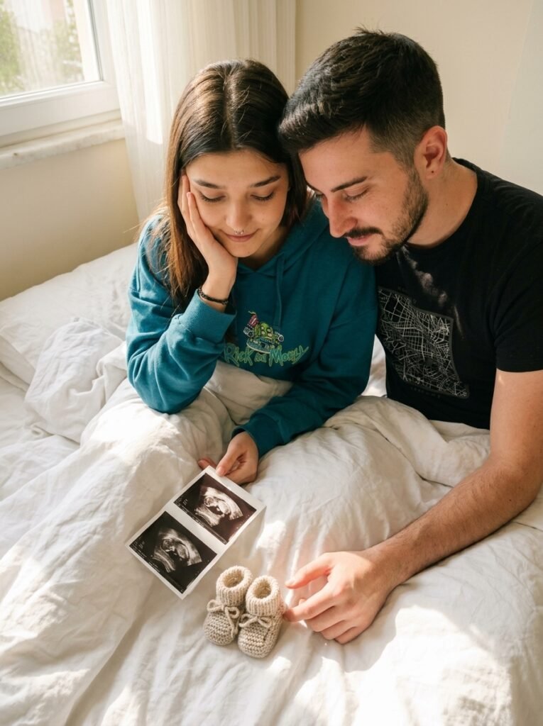Expecting couple sitting on a bed with ultrasound photos and baby shoes