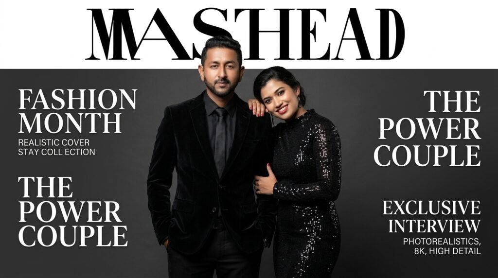 Couple posed together on a high-fashion magazine cover in coordinated all-black outfits