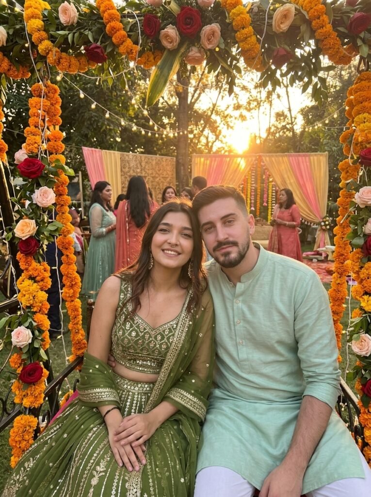 Couple seated on a flower-decorated swing at a mehndi function