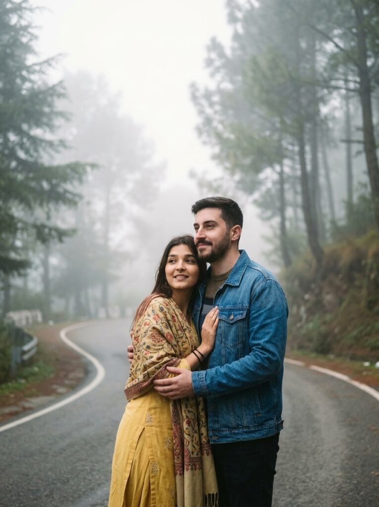 Couple on a foggy hill station road in a soft-focus 1990s Bollywood style