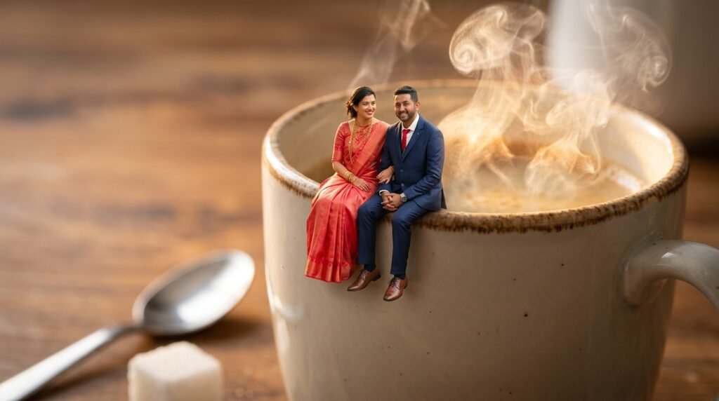 Couple shrunk to miniature size sitting on the rim of a giant steaming coffee cup