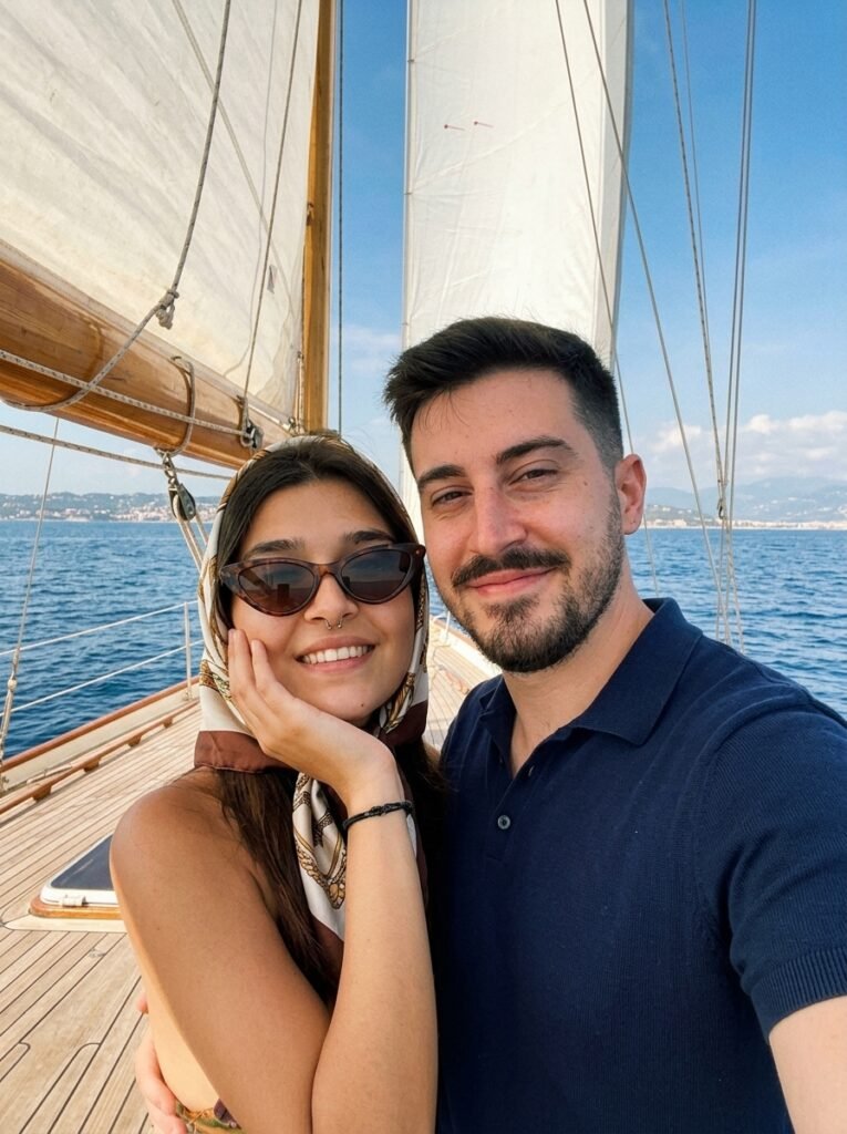 Couple posing on a wooden sailboat deck in a sun-faded 1960s Riviera style
