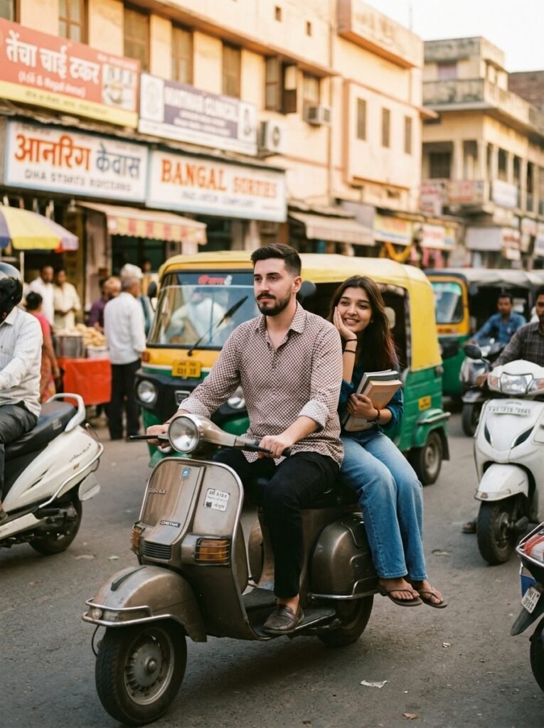 Young couple riding an old scooter on a nostalgic 1990s Indian street