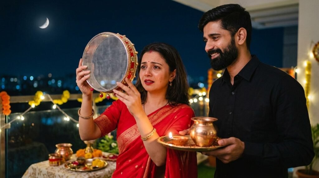 Indian couple performing the Karwa Chauth moon-viewing ritual together on a terrace at night