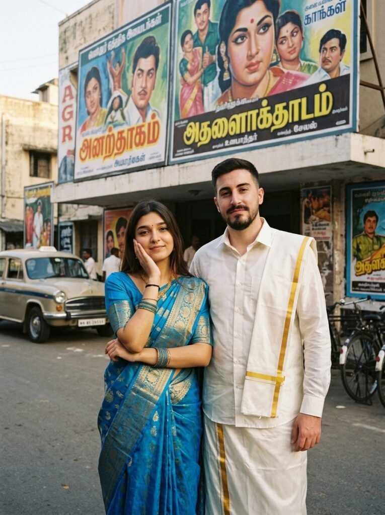 Traditional couple standing outside an old Tamil cinema hall in vintage Madras
