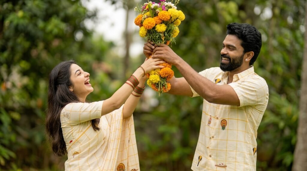 Playful romantic couple laughing and play-fighting with a bouquet of flowers