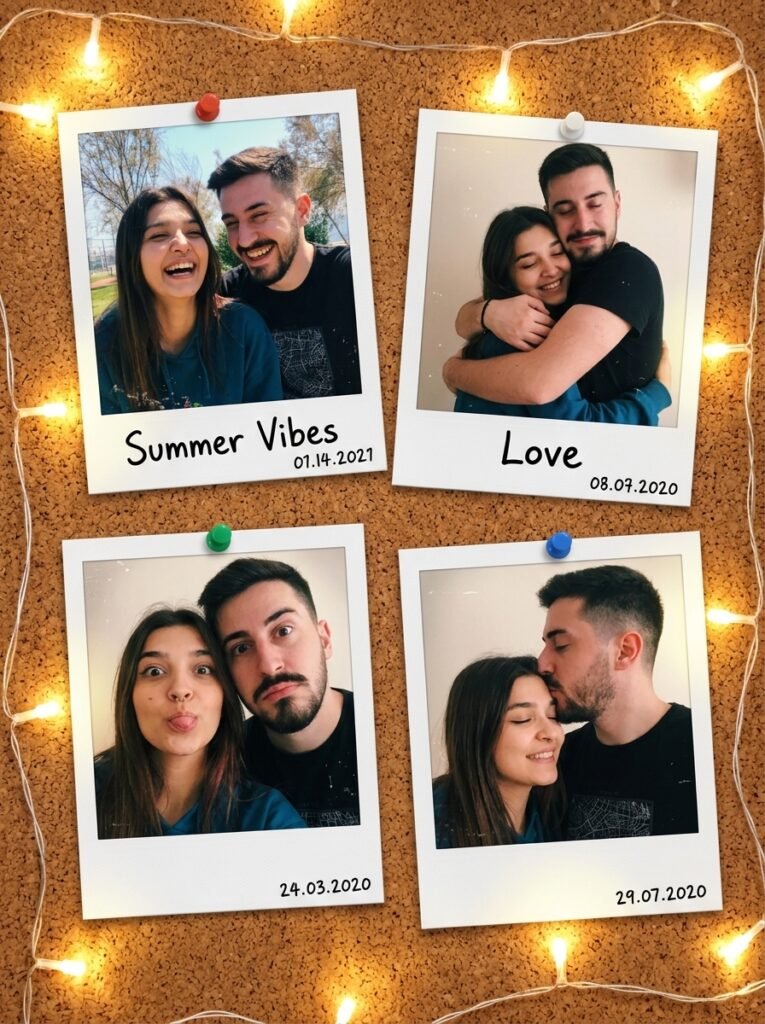 Four Polaroid photos of a couple pinned to a corkboard with fairy lights