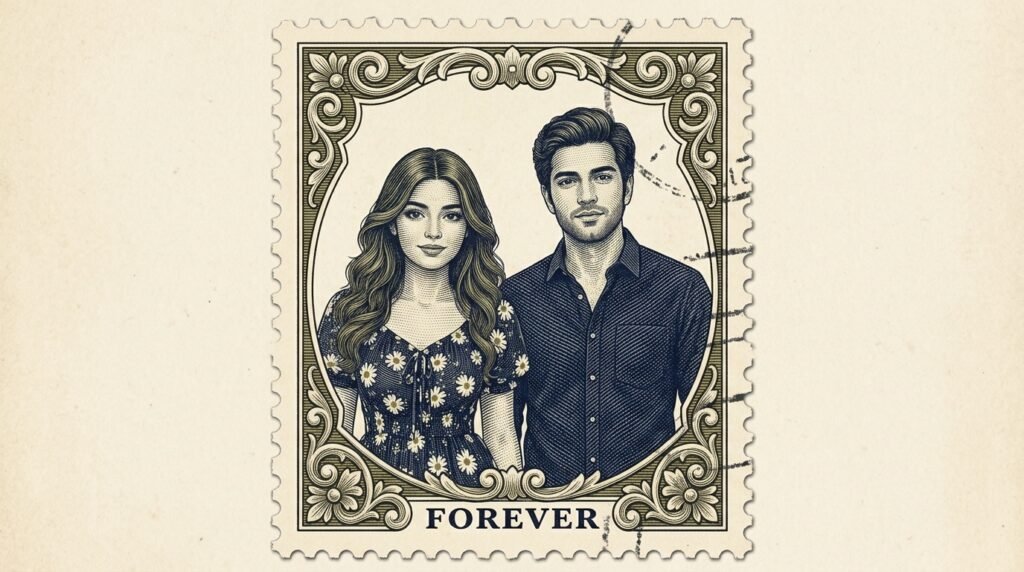 Couple illustrated inside an ornate vintage postage stamp design marked Forever