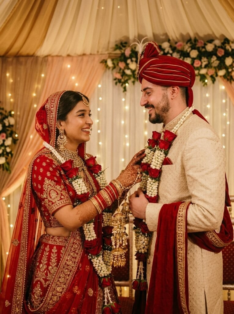 Married couple recreating their varmala pose for an anniversary portrait