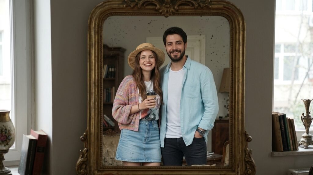 Couple reflected together in a vintage mirror in soft moody window light