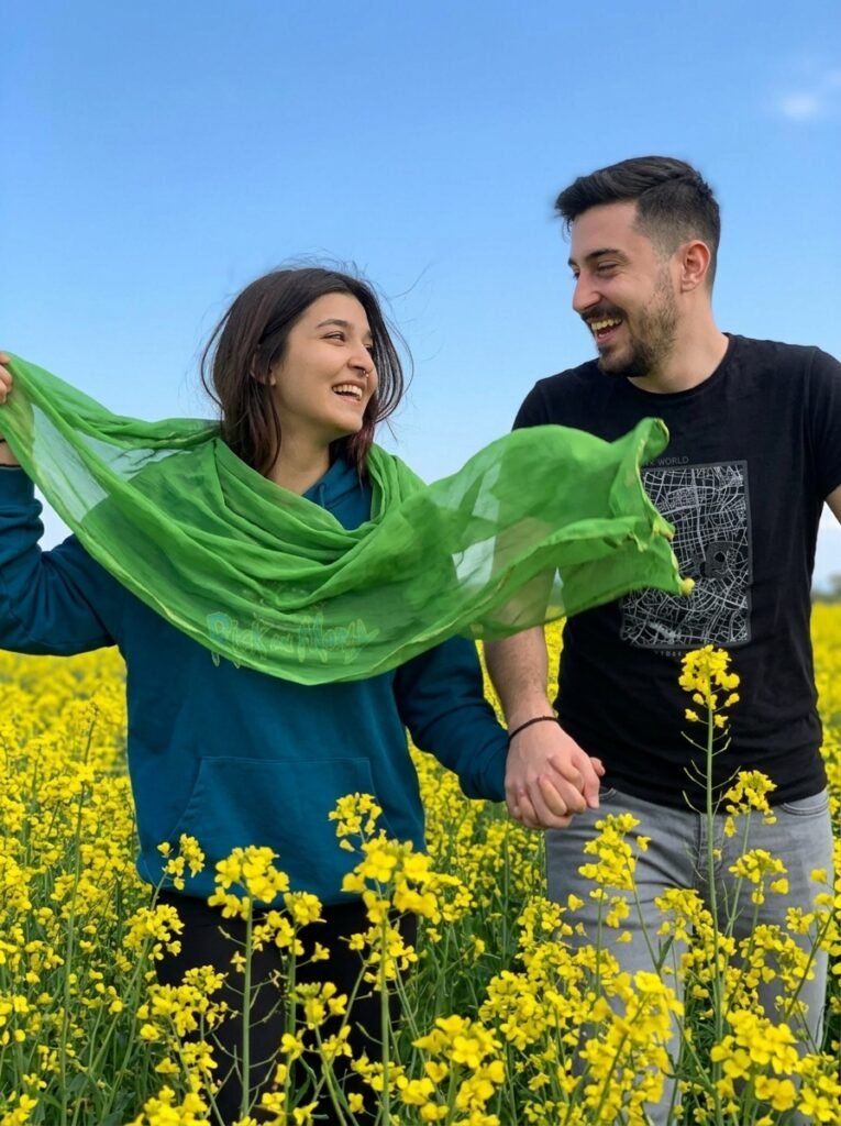 Couple running hand in hand through a yellow mustard field