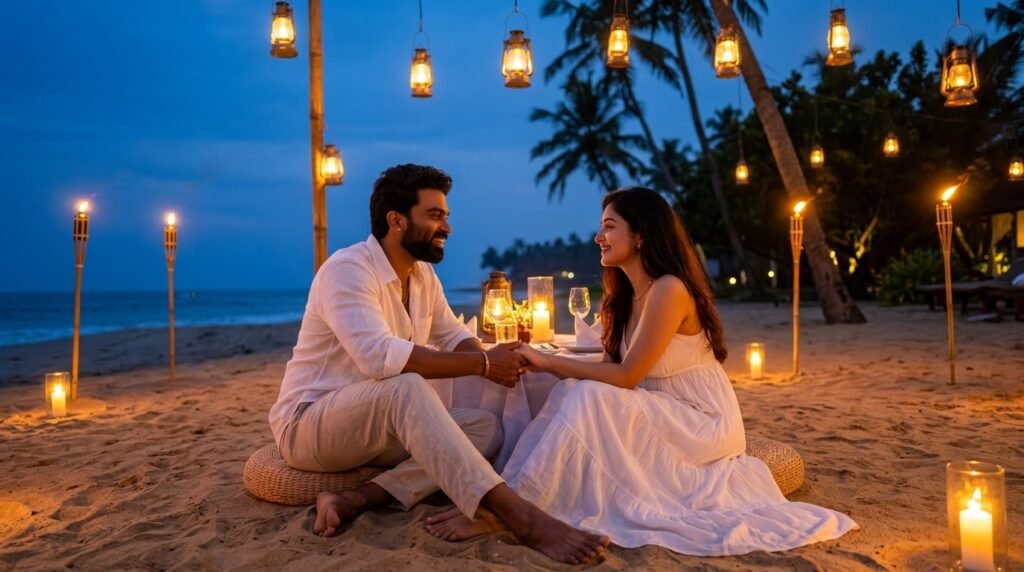 Romantic couple seated at a candlelit dinner table on the beach at dusk