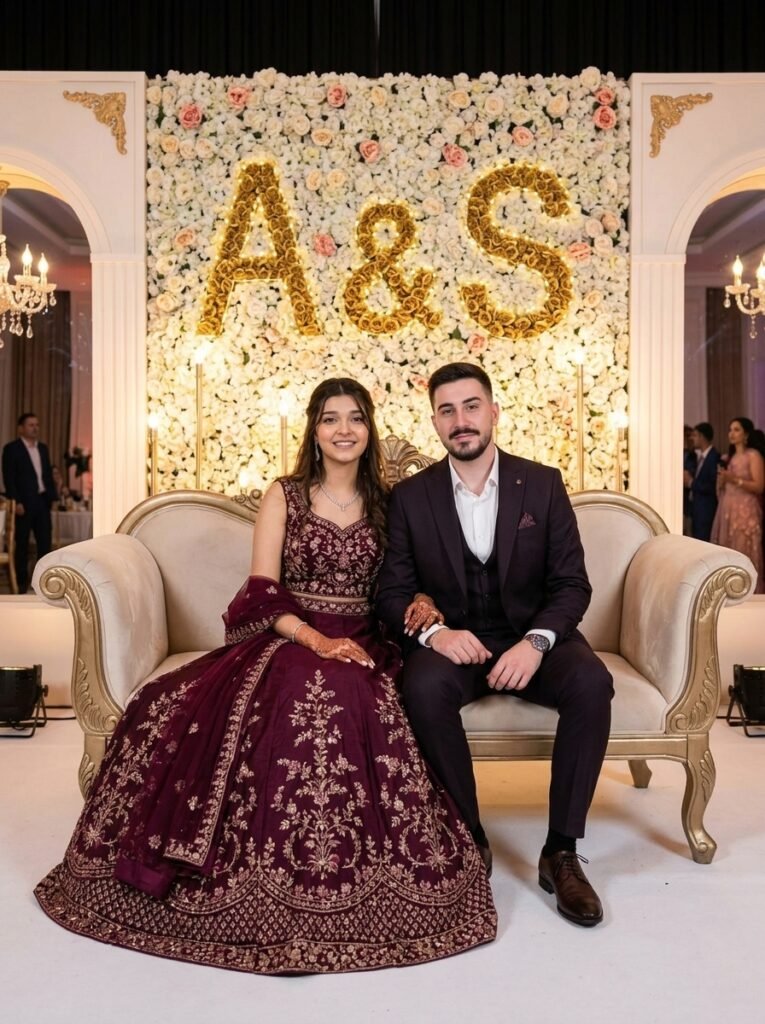 Wedding couple seated on a decorated reception stage couch