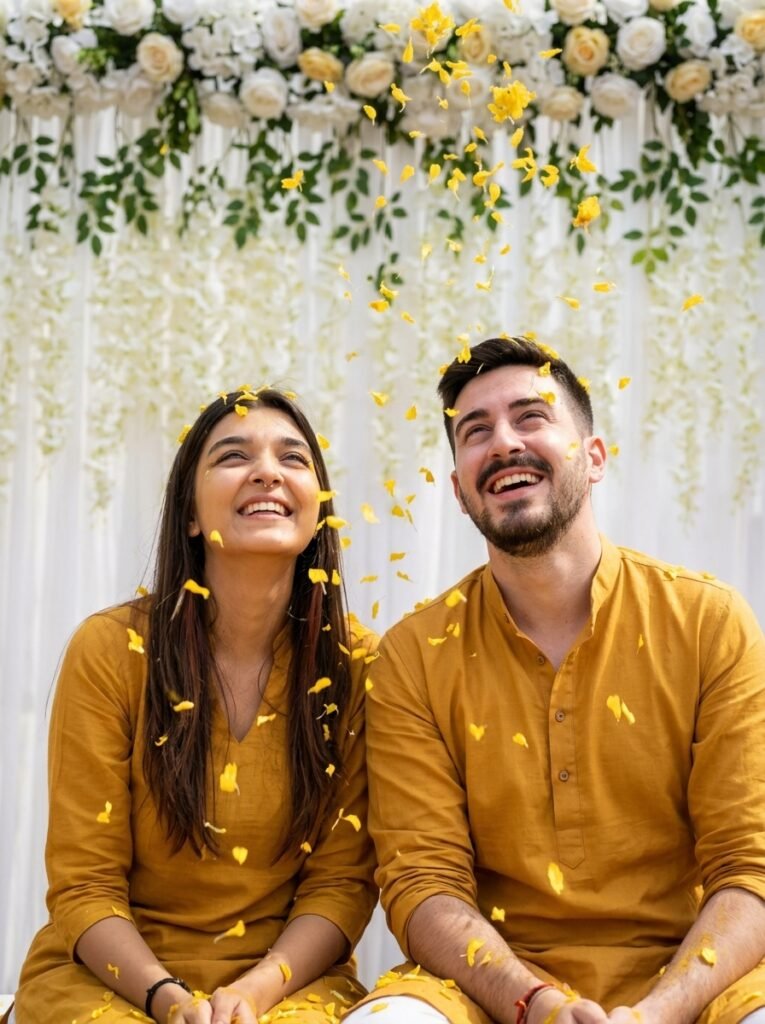 Couple seated together as yellow flower petals fall during a haldi ceremony