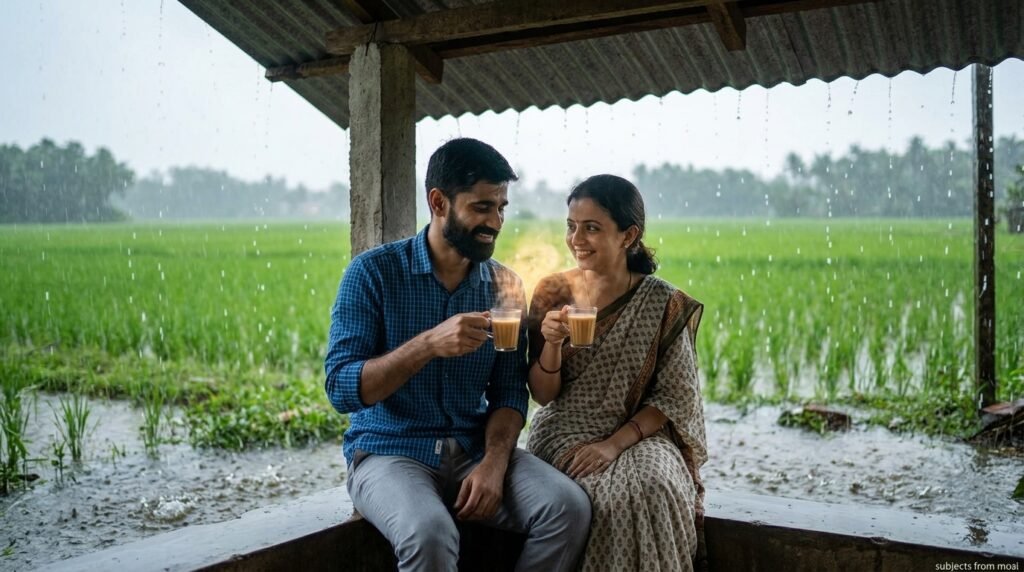 Indian couple sharing hot chai under a village veranda roof during monsoon rain