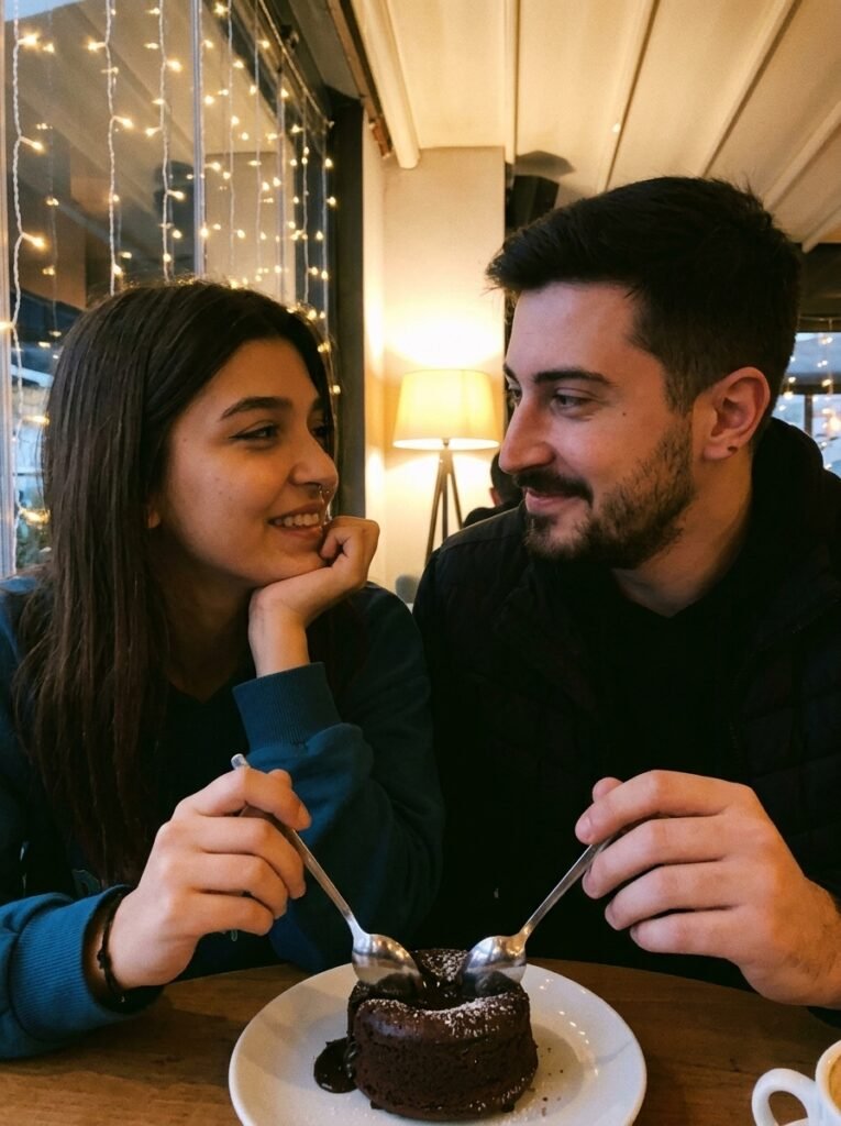 Couple sharing dessert during a cozy café date under warm string lights